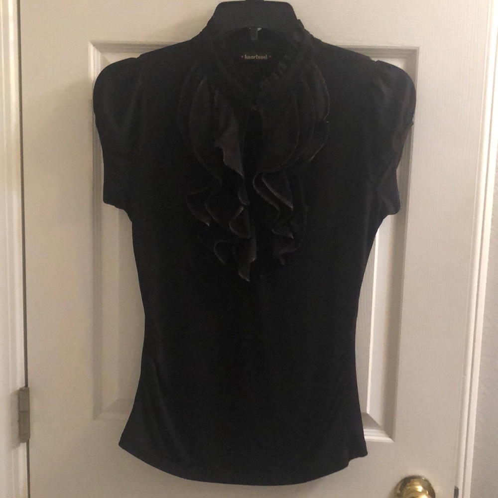 Black formal top, ruffles, short sleeve